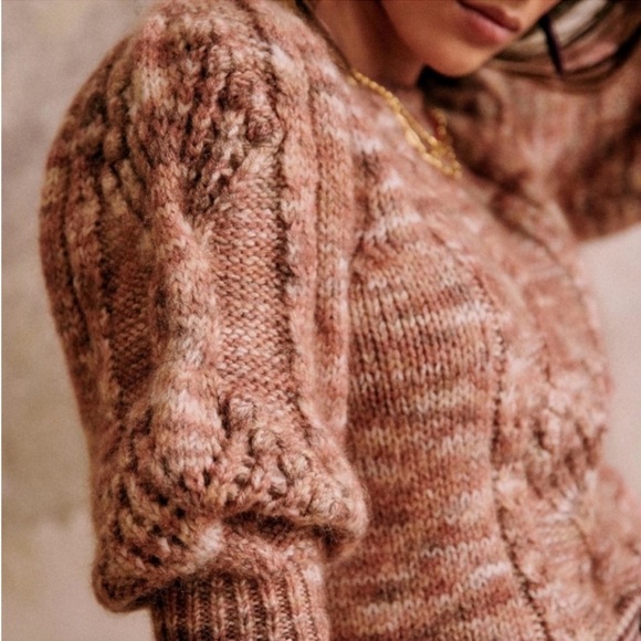 Sezane Pink Brown Scoop Neck Cable Knit Sweater - Picture 2 of 8